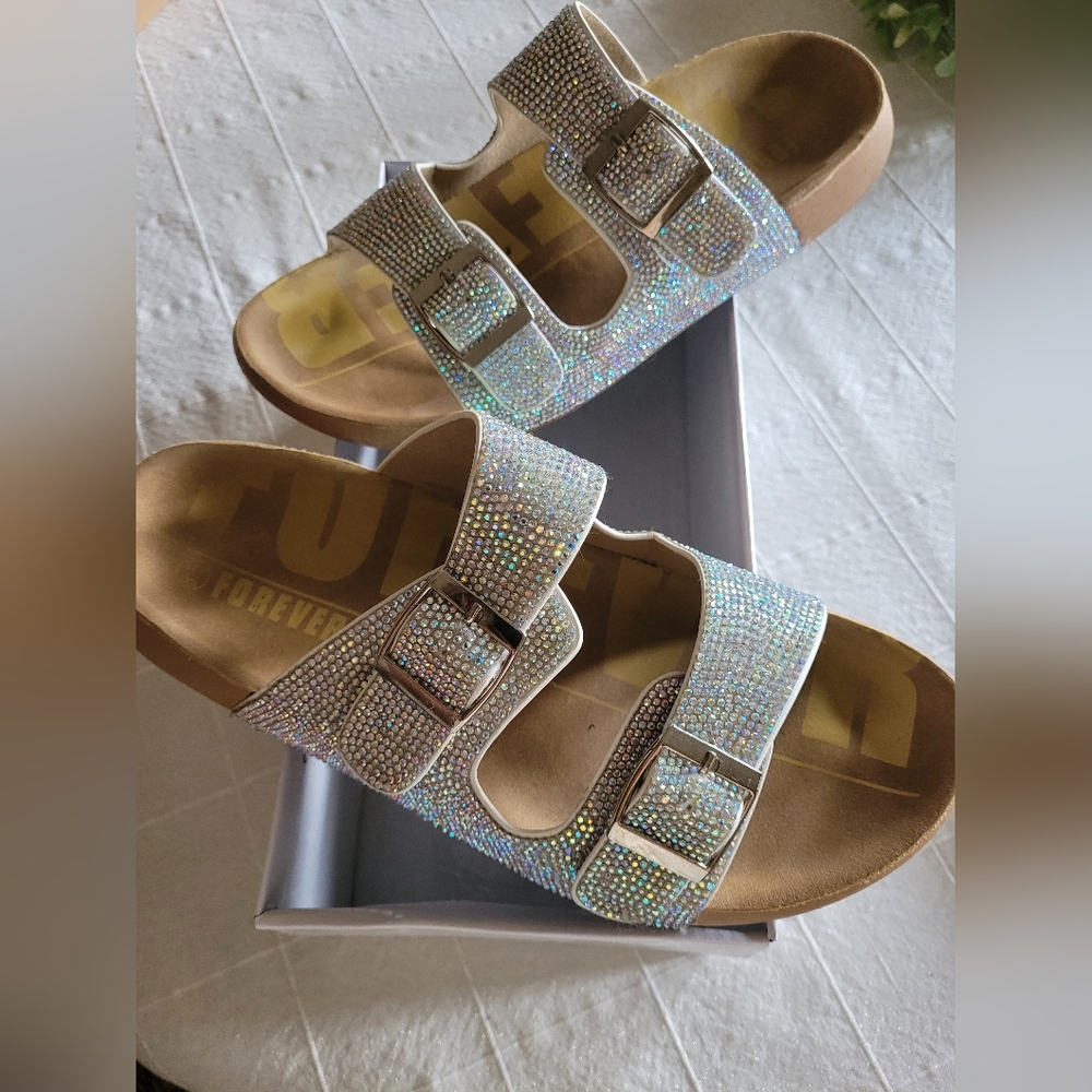 Forever Iridescent Crystal Two-Strap Sandals - Silver